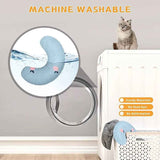 Petra store Little Pillow For Pets in blue showing machine washable feature with a cat nearby