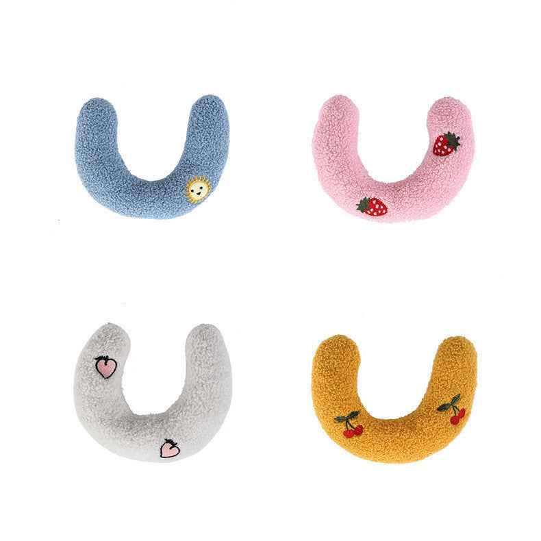 Petra store Little Pillow For Pets in blue, pink, white, and yellow with cute fruit embroidery