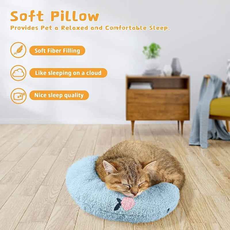 Sleeping cat resting on a soft blue Little Pillow For Pets with cozy fiber filling