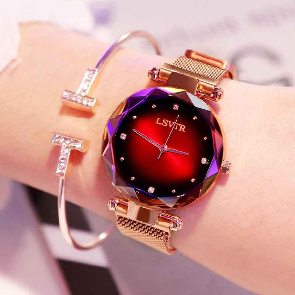 Petra store Rose Gold Watch with faceted crystal bezel red gradient dial and mesh band