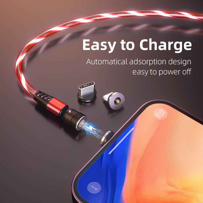 Luminous Magnetic Cable by Petra store glowing red with magnetic charging connectors near smartphone