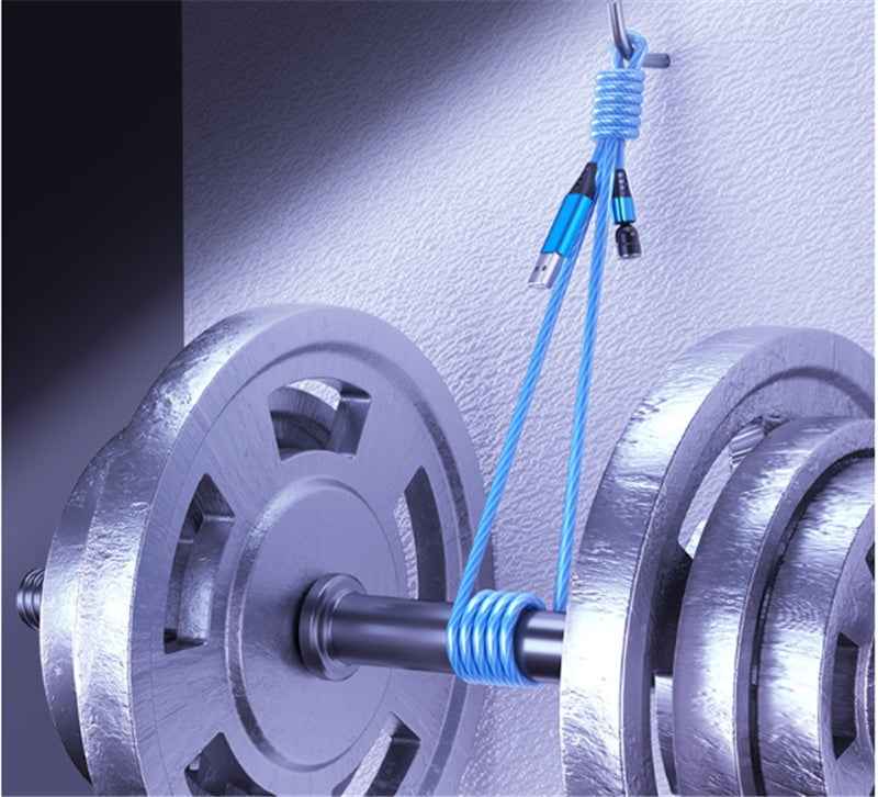 Luminous Magnetic Cable from Petra store glowing blue and wrapped around a heavy dumbbell bar showing durability