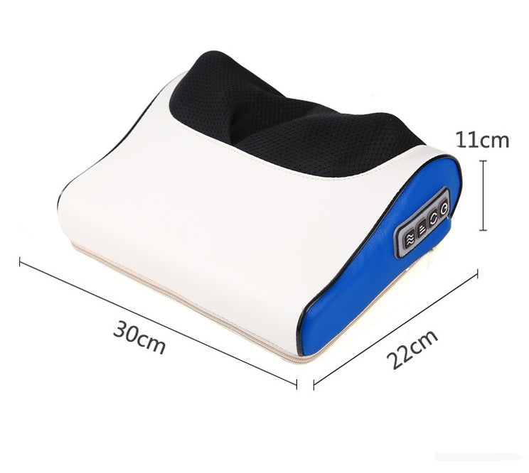 Petra store massage pillow in white and blue with black mesh and control buttons for relaxation