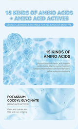 Petra store skincare product infographic highlighting 15 kinds of amino acids for gentle pore cleaning