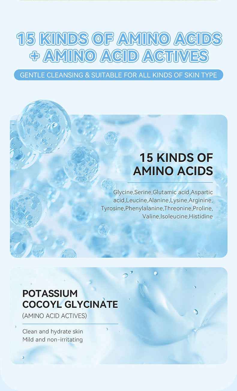Petra store skincare product infographic highlighting 15 kinds of amino acids for gentle pore cleaning