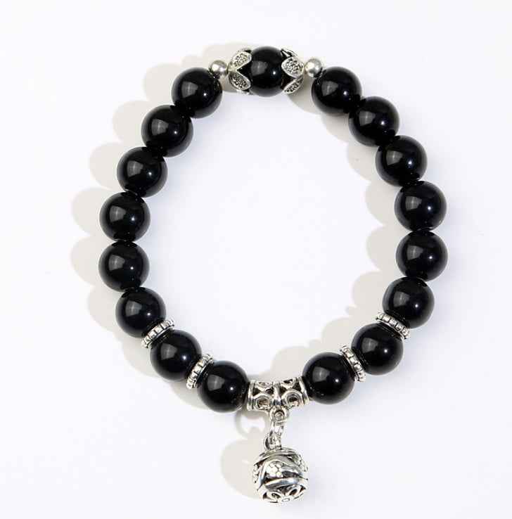 Natural opal beads bracelet with black beads and silver charm from Petra store fashion accessories