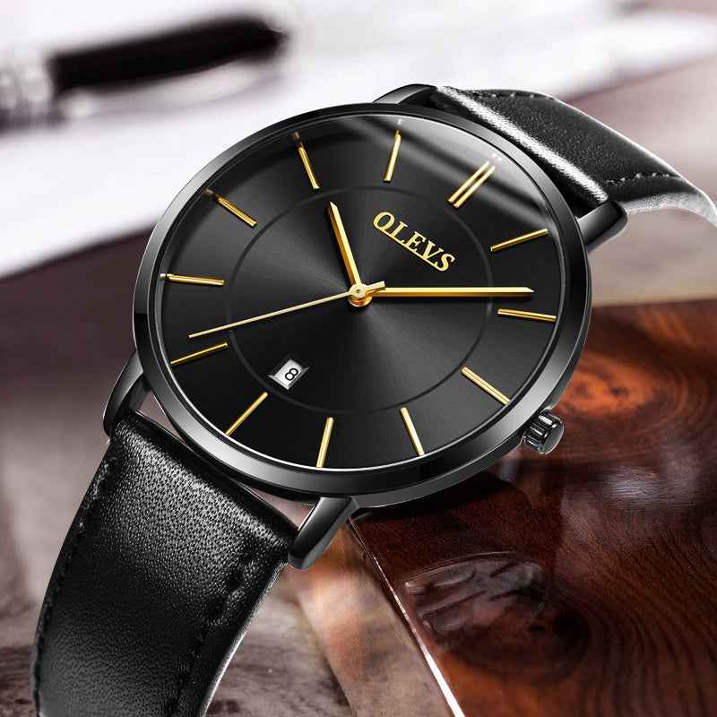 Petra store Leather Sports Watch black dial with gold markers and black leather strap date window