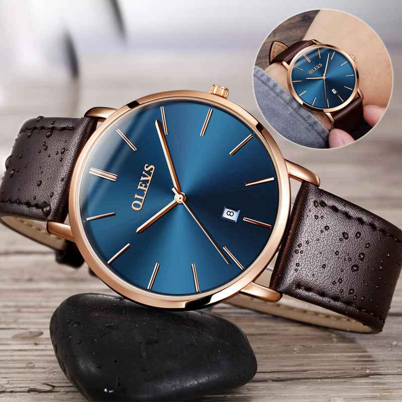 Petra store Leather Sports Watch with blue sunburst dial rose gold case brown perforated strap and date window