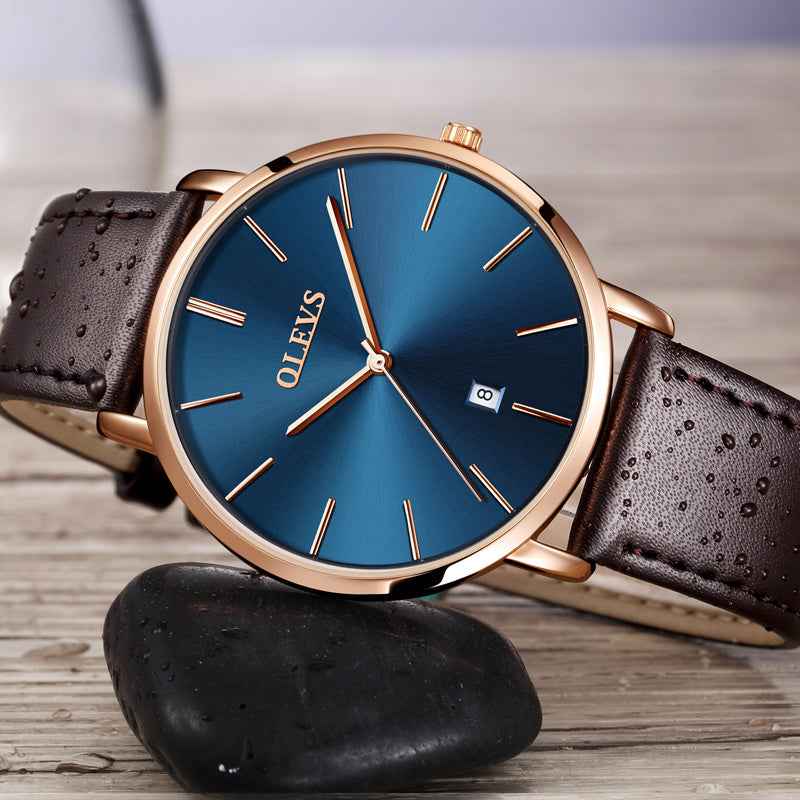 Petra store Leather Sports Watch rose gold case blue dial brown leather strap with date window and water droplets