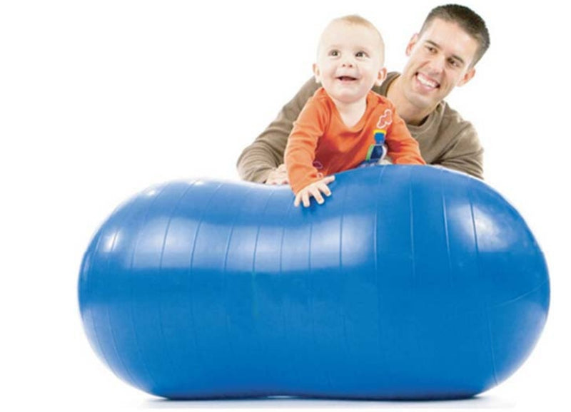 Petra store Peanut Massage Ball in blue with a baby and man playing on it for skincare and relaxation