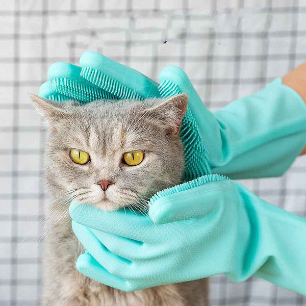 Pet Bath Glove and Brush in blue being used to groom a gray cat gently