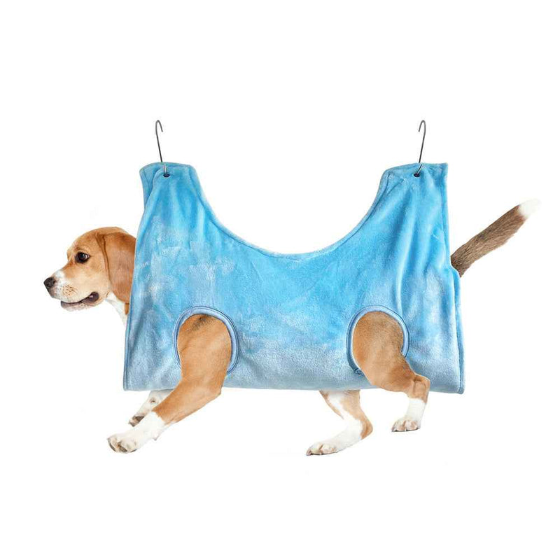 Pet Grooming Hammock in blue from Petra store supporting a dog for easy grooming