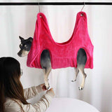 Pet Grooming Hammock in pink from Petra store holding small dog for easy grooming