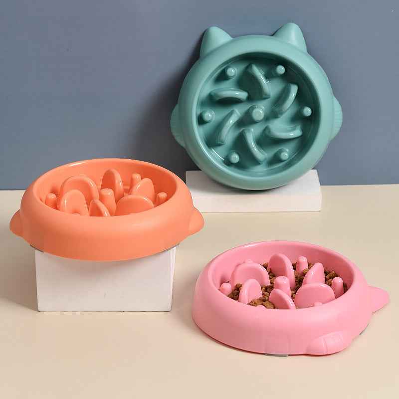Petra store Pet Slow Feeder Bowl set in pink, orange, and teal designed to reduce pet eating speed