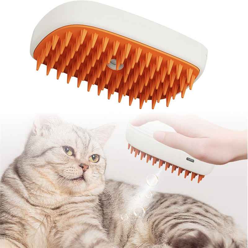 Pets Steam Brush from Petra store with orange bristles grooming a gray tabby cat