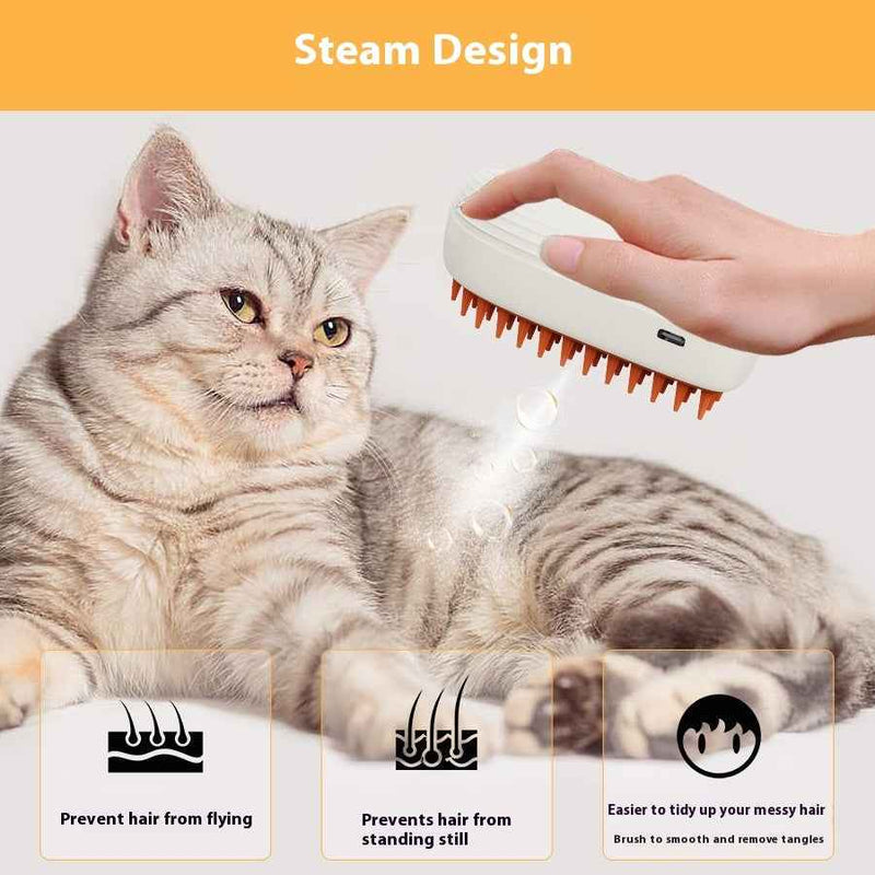 Petra store Pets Steam Brush grooming a relaxed gray tabby cat to prevent flying and standing hair
