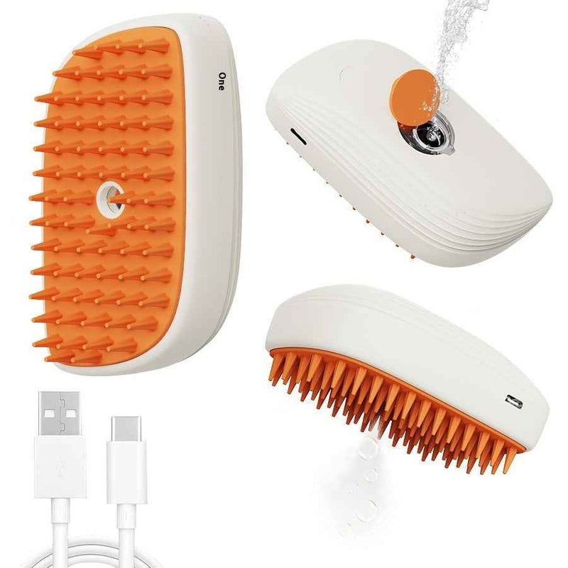 Petra store Pets Steam Brush with orange silicone bristles and USB charging cable for pet grooming