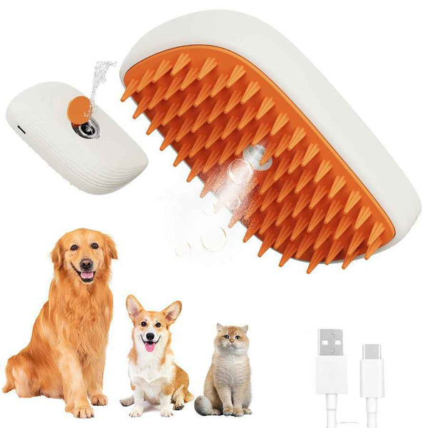 Pets Steam Brush by Petra store with orange silicone bristles and USB charging cable for pets grooming