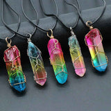 Colorful crystal pillar tree of life pendant wrapped in wire on black cord necklace from Petra store