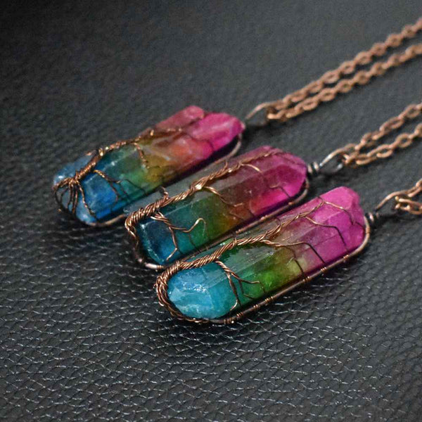 Colorful gemstone necklaces with wire-wrapped Tree of Life design in Petra store Pillar Tree Of Life Pendant