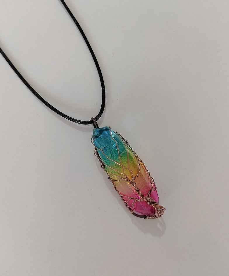 Colorful gemstone wrapped in wire on black cord Pillar Tree Of Life Pendant from Petra store