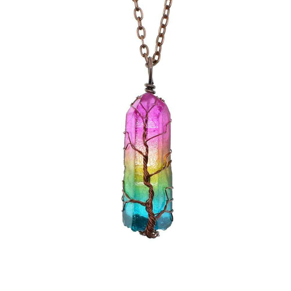 Colorful rainbow crystal Pillar Tree Of Life Pendant wrapped with copper wire on chain from Petra store