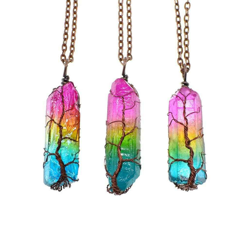Colorful Pillar Tree Of Life Pendant with wire-wrapped tree design on bronze chain from Petra store