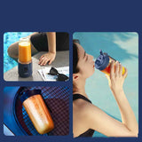 Portable Blender And Mini Juicer blending and drinking fresh juice by the poolside
