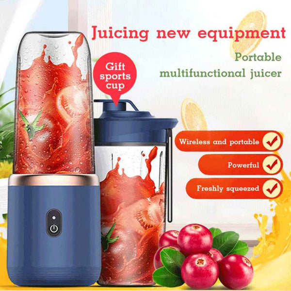 Portable Blender And Mini Juicer by Petra store in blue with fresh tomato juice and gift sports cup