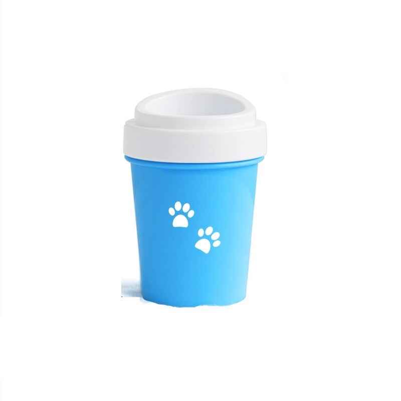 Blue portable pet paw cleaning tool with white lid and paw prints from Petra store