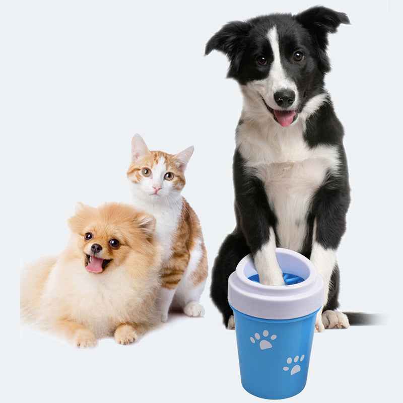 Petra store portable pet paw cleaning tool in blue with paw prints next to a happy dog, cat, and small dog