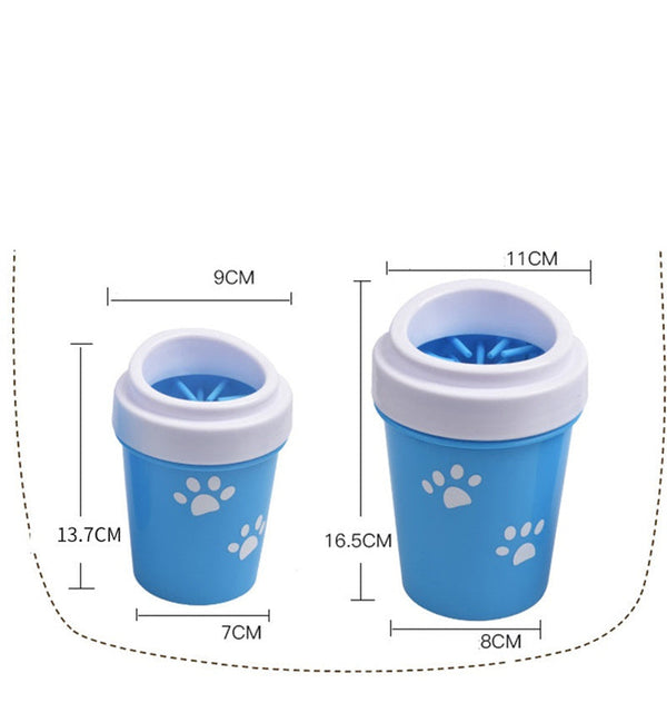Petra store portable pet paw cleaning tool in blue with white paw prints, two sizes shown