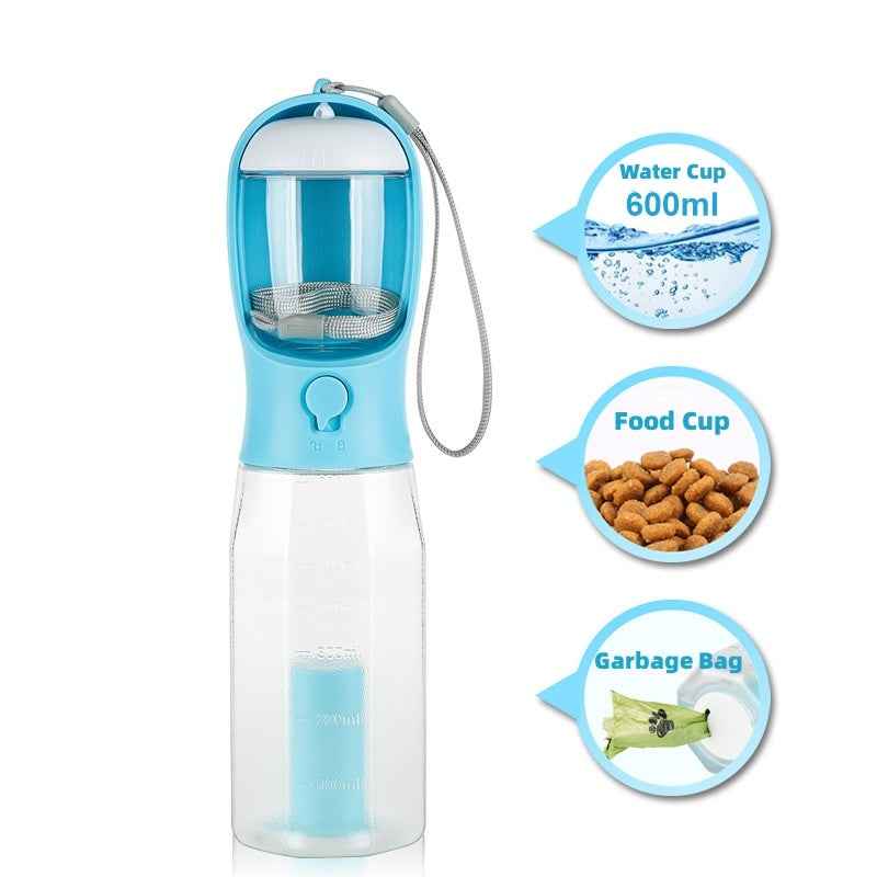 Petra store portable pet water bottle with 600ml water cup, food cup, and garbage bag for pets