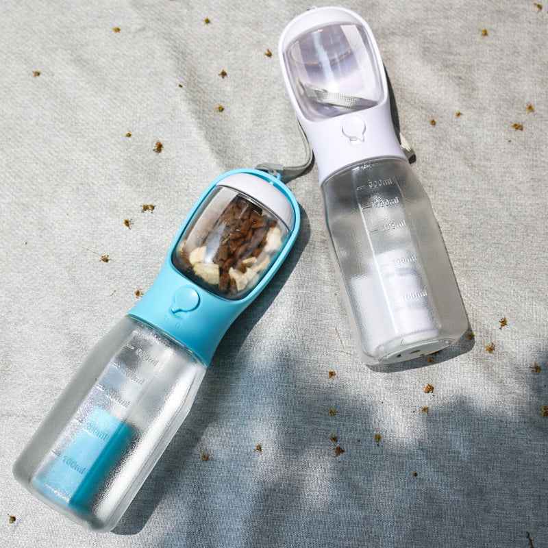 Petra store portable pet water bottle in blue and white with attached food compartment for easy hydration and feeding