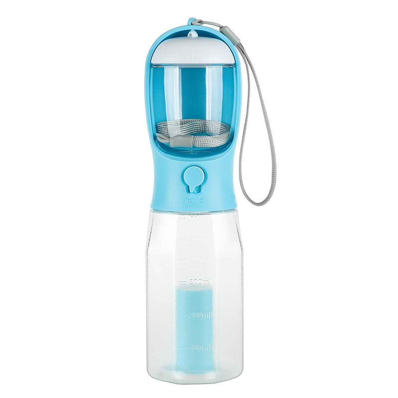 Blue Petra store portable pet water bottle with attached drinking bowl and carry strap