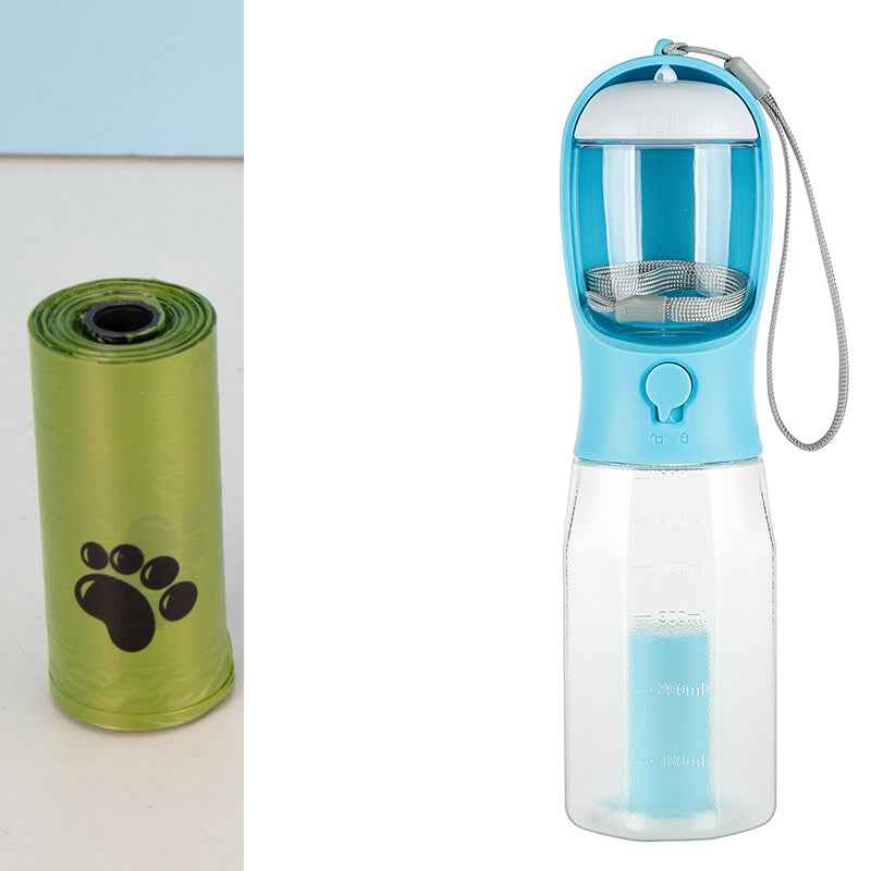 Portable pet water bottle in blue with attached leash and safety lock from Petra store