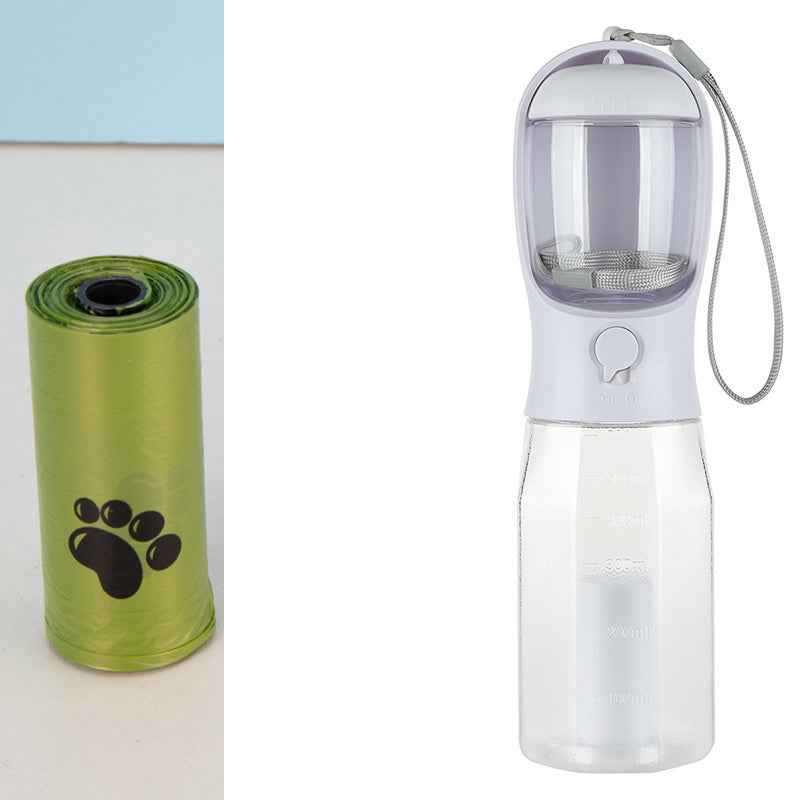 Petra store portable pet water bottle with attached drinking bowl and green poop bag roll