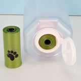 Green pet waste bag roll next to the opening of a portable pet water bottle from Petra store
