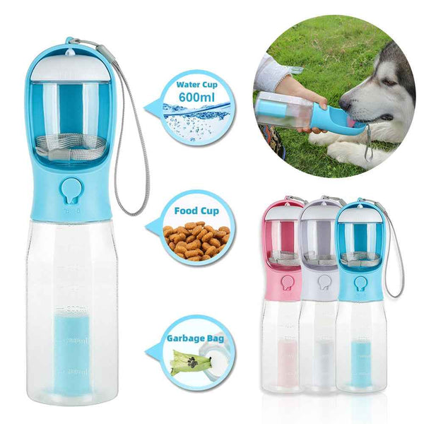 Petra store portable pet water bottle with built-in water cup food cup and garbage bag dispenser