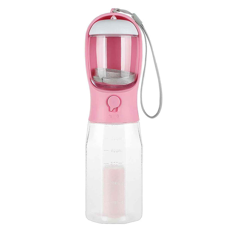Petra store portable pet water bottle in pink with built-in bowl and wrist strap for travel
