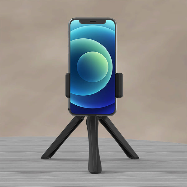 Petra store black portable phone tripod holding smartphone on wooden surface for hands-free use