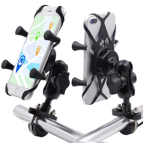 Petra store universal motorcycle phone holder on chrome handlebars showing front and back phone views with adjustable ball joint