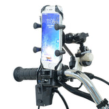 Petra store universal motorcycle phone holder with adjustable clamp and rubber X grips mounted on chrome handlebar
