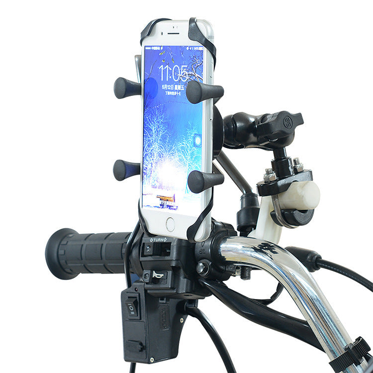 Petra store universal motorcycle phone holder with adjustable clamp and rubber X grips mounted on chrome handlebar
