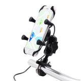 Petra store universal motorcycle phone holder mounted on chrome handlebar holding smartphone with map navigation