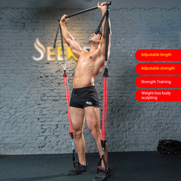 Man using portable home gym equipment with adjustable resistance bands for strength training