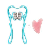 Petra store Six-Wheel Neck Massager turquoise handheld with six rolling nodes, ergonomic handles, and pink gua sha tool