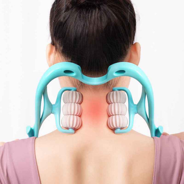 Petra store Six-Wheel Neck Massager in turquoise on model using double roller action for neck relief