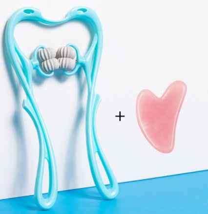 Petra store Six-Wheel Neck Massager handheld aqua blue roller with six massage wheels plus pink gua sha tool for neck relief