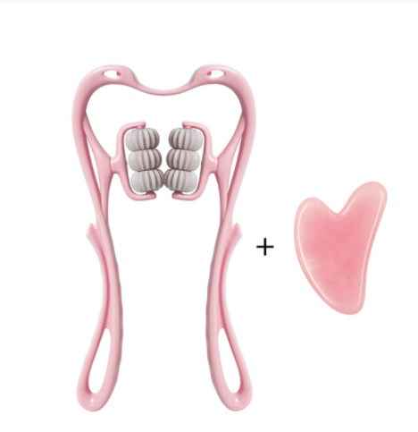 Petra store Six-Wheel Neck Massager pink with ergonomic handles six rolling wheels and gua sha tool for neck
